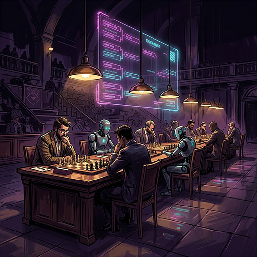 A hall of chess boards under a glowing tournament bracket