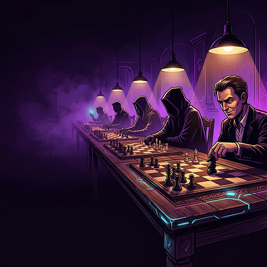 Chess grandmasters around one long board