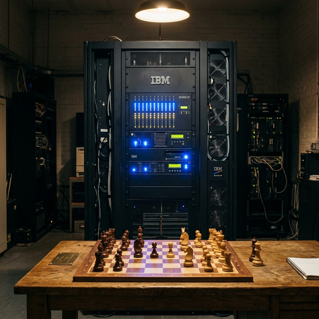 A supercomputer facing a chess board